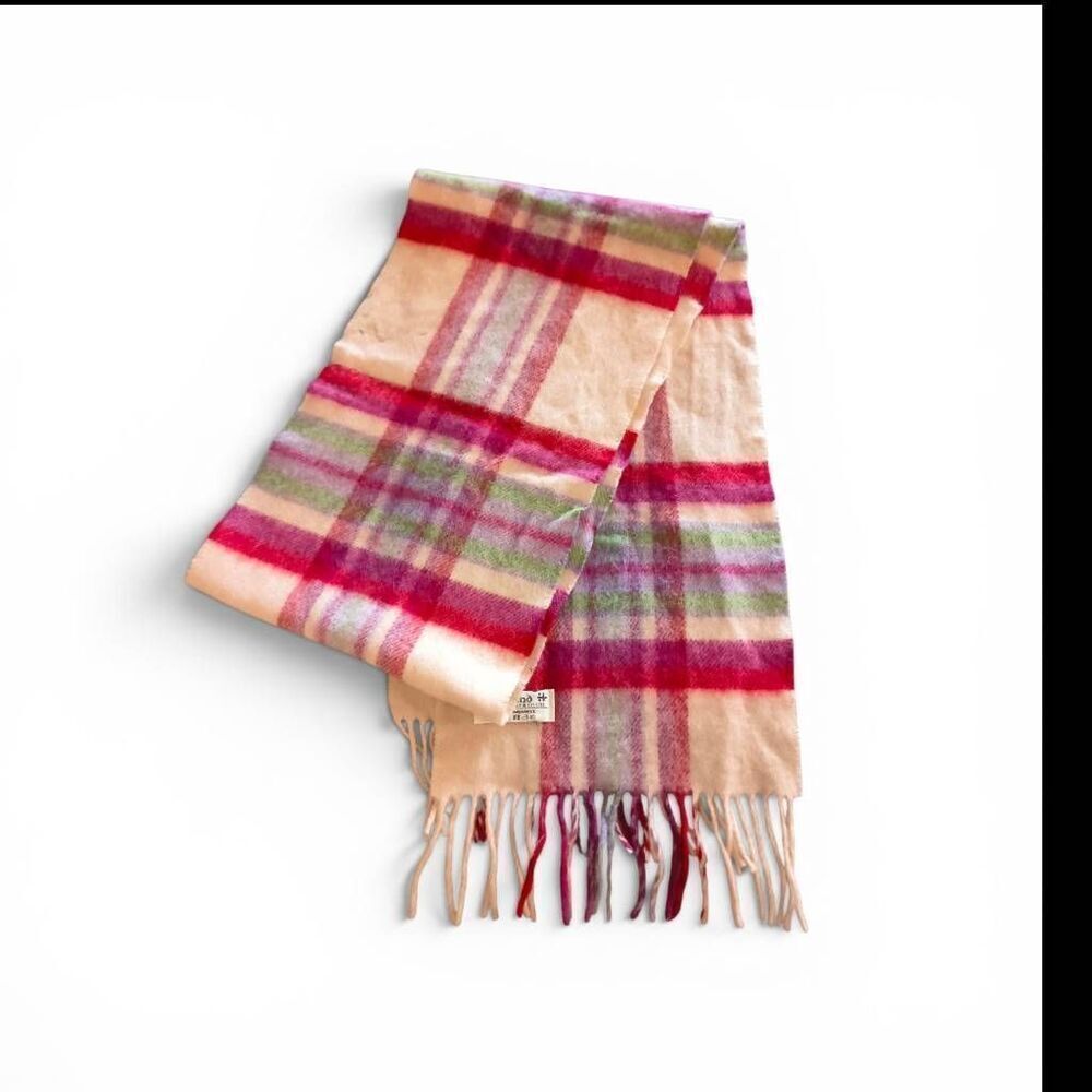 John Hanly & Co Ltd 100% Lambswool Scarf Beige Muiticolor Plaid Woven in Ireland